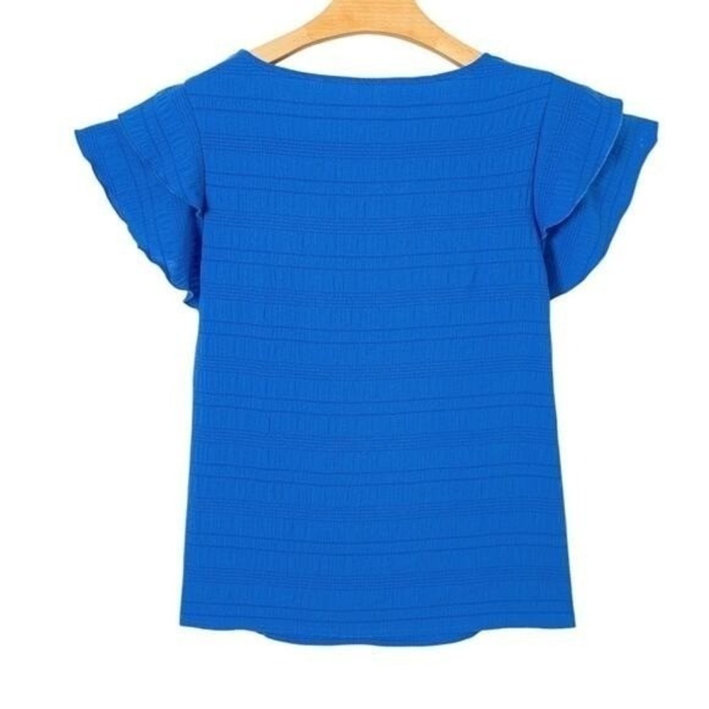 Dark Blue Textured Ruffled Short Sleeve Round Neck Top New X-Large - Picture 6 of 9